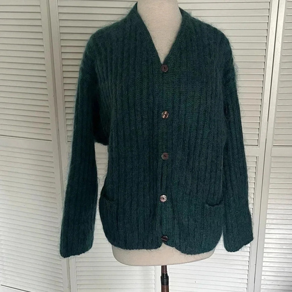 Vintage Express green cardigan sweater mohair button front chunky knit medium - Picture 6 of 9